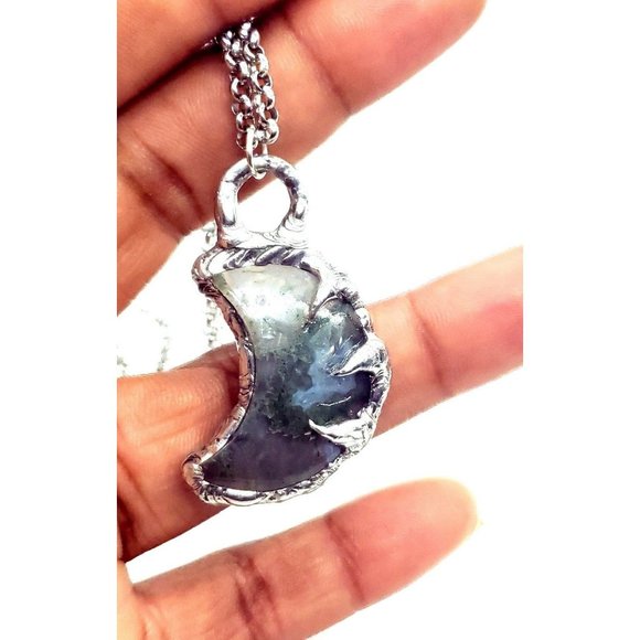 Moss agate moon crystal Necklace handmade crescent moon gothic metalwork - Picture 2 of 12